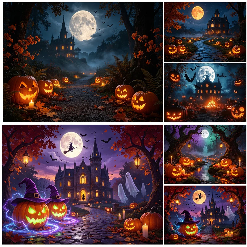Horror Halloween Theme Party Backdrops Evil Pumpkin Castle Full Moon Witch Bat Baby Family Portrait Decor Photography Background