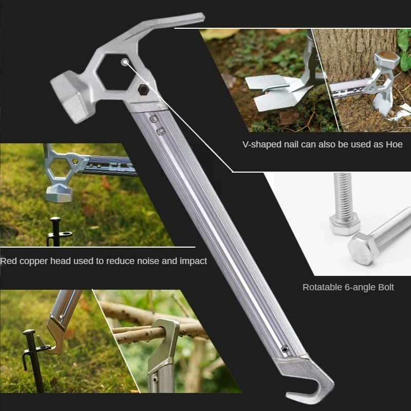 Multifunctional Camping Hammer Tent Aluminum Alloy Handle Stainless Steel Copper Head Mountaineering Nail Puller