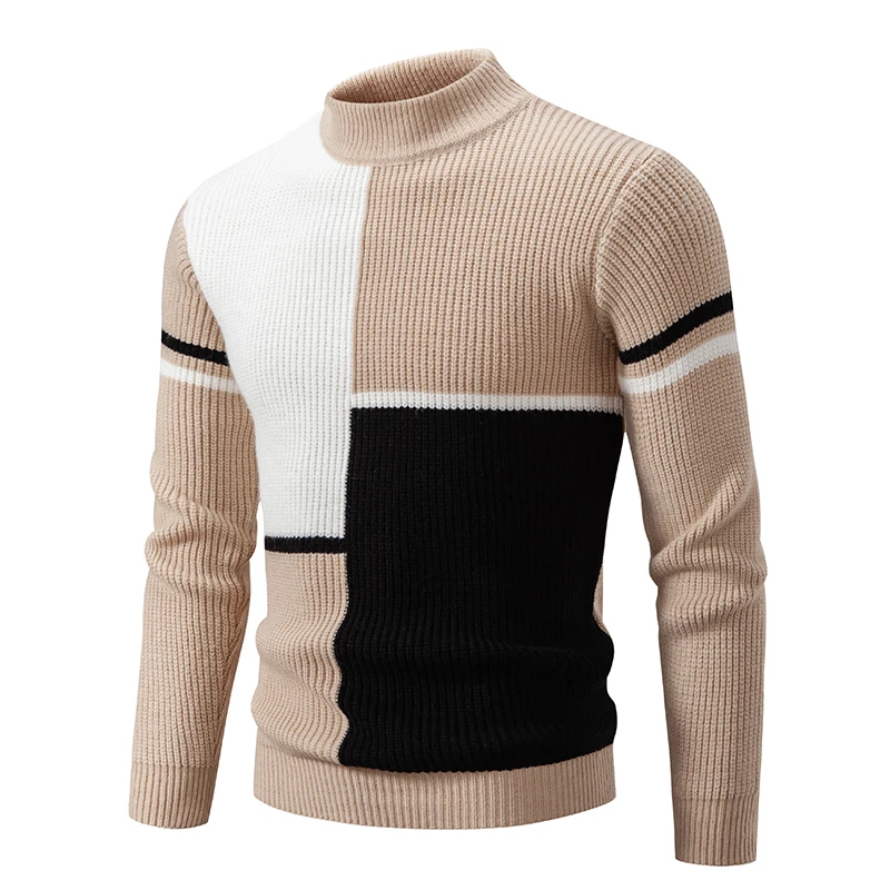 Men's Color Block Pullover Sweater Mock Neck Warm Knitted Fashion Top Autumn Arrival Casual Style for Men