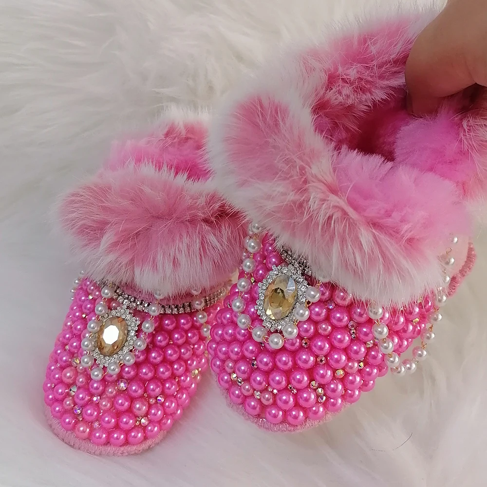 Crystals Pearls Baby Birls Snow Boots Sunglasses Rhinestones Bling Infant Shoes Luxury Shining Decoration Winter Christmas Gift