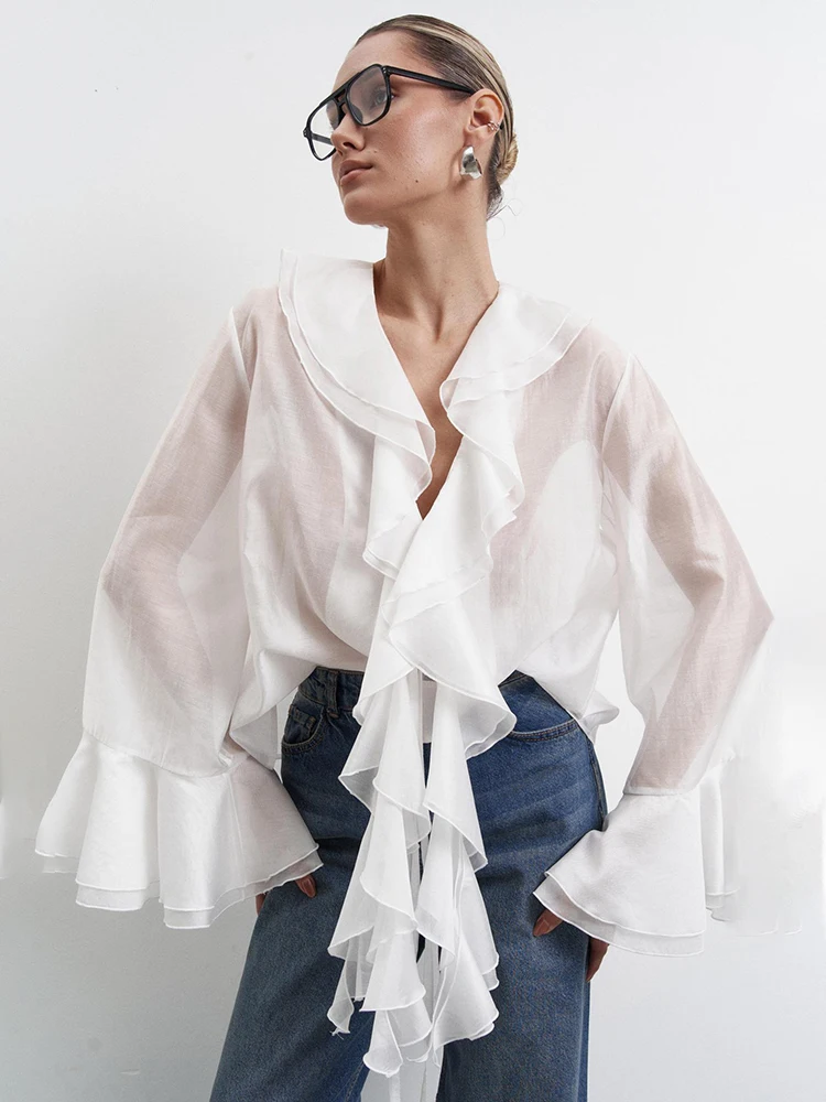 

TARUXY Ruffled Chiffon Long Sleeve T shirt V Neck Lace Up See Through Sexy Pullover Top Fashion Casual V Neck T shirt Lady New