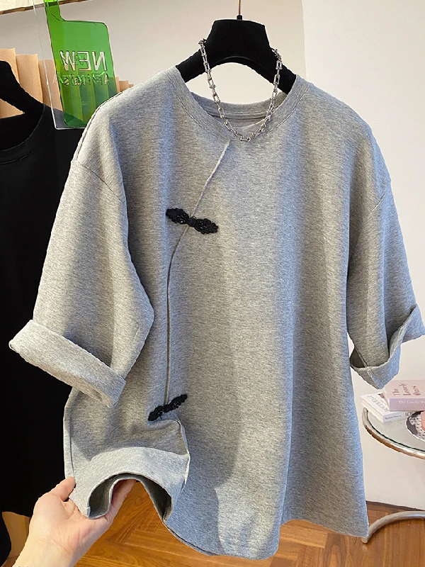 

plus Size Women's T-Shirt Summer Loose round Neck Short Sleeve Traditional Chinese Style Button up Base Shirt Top Cotton 100%