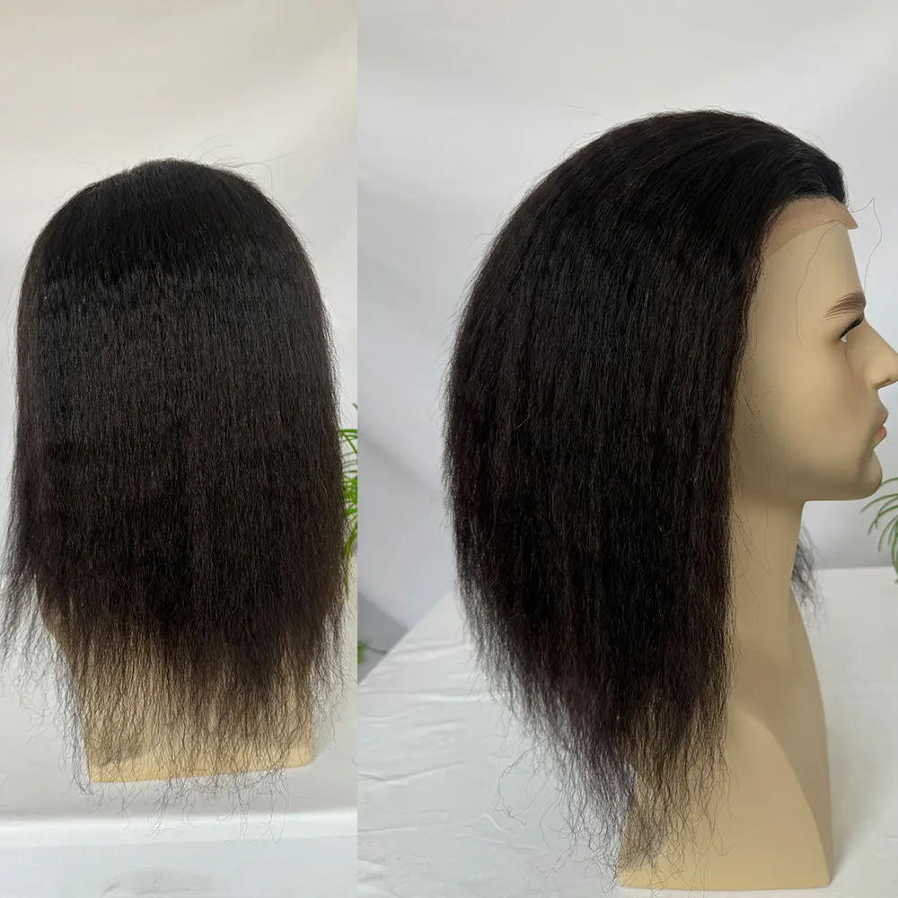 12in Long Kinky Straight Human Hair Toupee for Men, Mono Lace, PU Around, Swiss Lace Front, 10x8