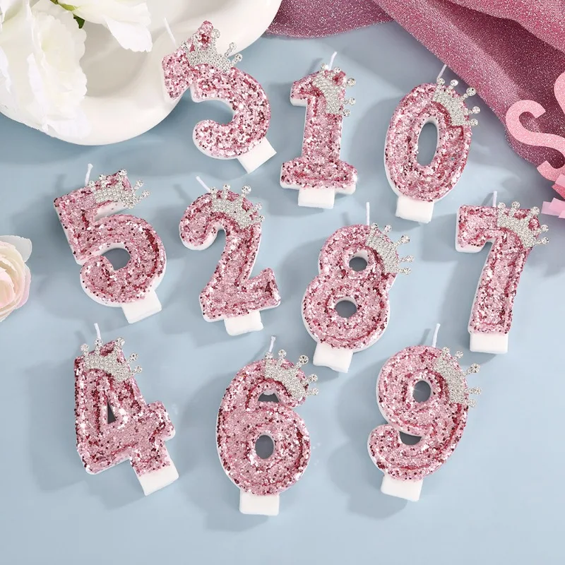 Pink Sequin Crown Rhinestone Number Birthday Candles 0-9 Princess Cake Topper DIY Candle Girls Birthday Party Cake Decorations