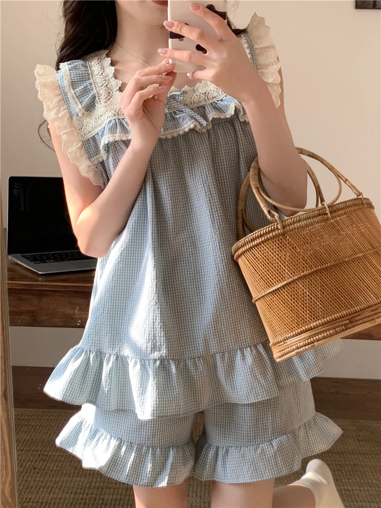 

Summer Plaid Pure Cotton Nightgown Women's Home Clothes Set with Lace Strap Princ Vest Sweet Sle ort Pants Cotton S...