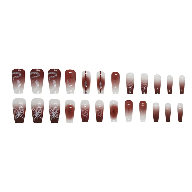 Imprensa longa em unhas postiças com encantos, Borgonha, Marrom, Gradiente, Borboleta, Ballet Design, Cobertura completa, Caixão, Manicure, 24pcs