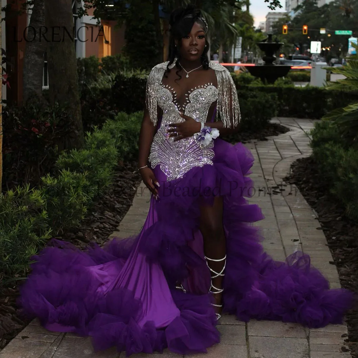 Luxury Beaded Mermaid Prom Dress For Black Girl Crystal Tassel Front Split Ruffles Backless Evening Dresses Birthday Party Gowns