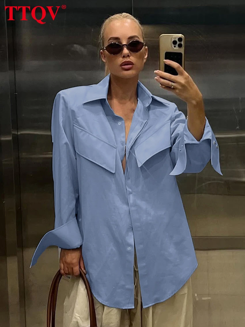 

TTQV Fashion Loose Blue Cotton Women's Shirt 2026 Autumn Lapel Long Sleeve Lady Blouse Elegant Classic Solid Top Female Clothing