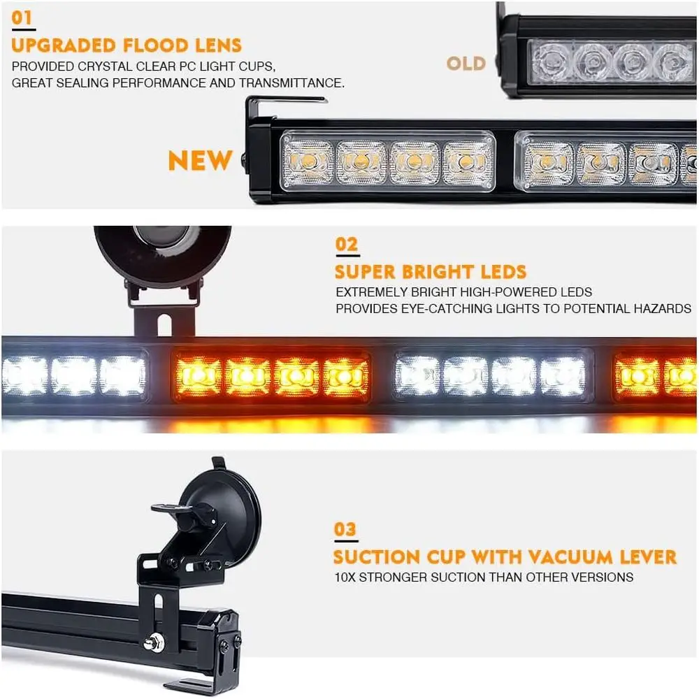 شريط إضاءة ستروب للطوارئ LED كهرماني مكون من 21 نمطًا مع طاقة ولاعة السجائر للسيارات والشاحنات وسيارات الدفع الرباعي والمركبات ATV، حامل كأس الشفط #2