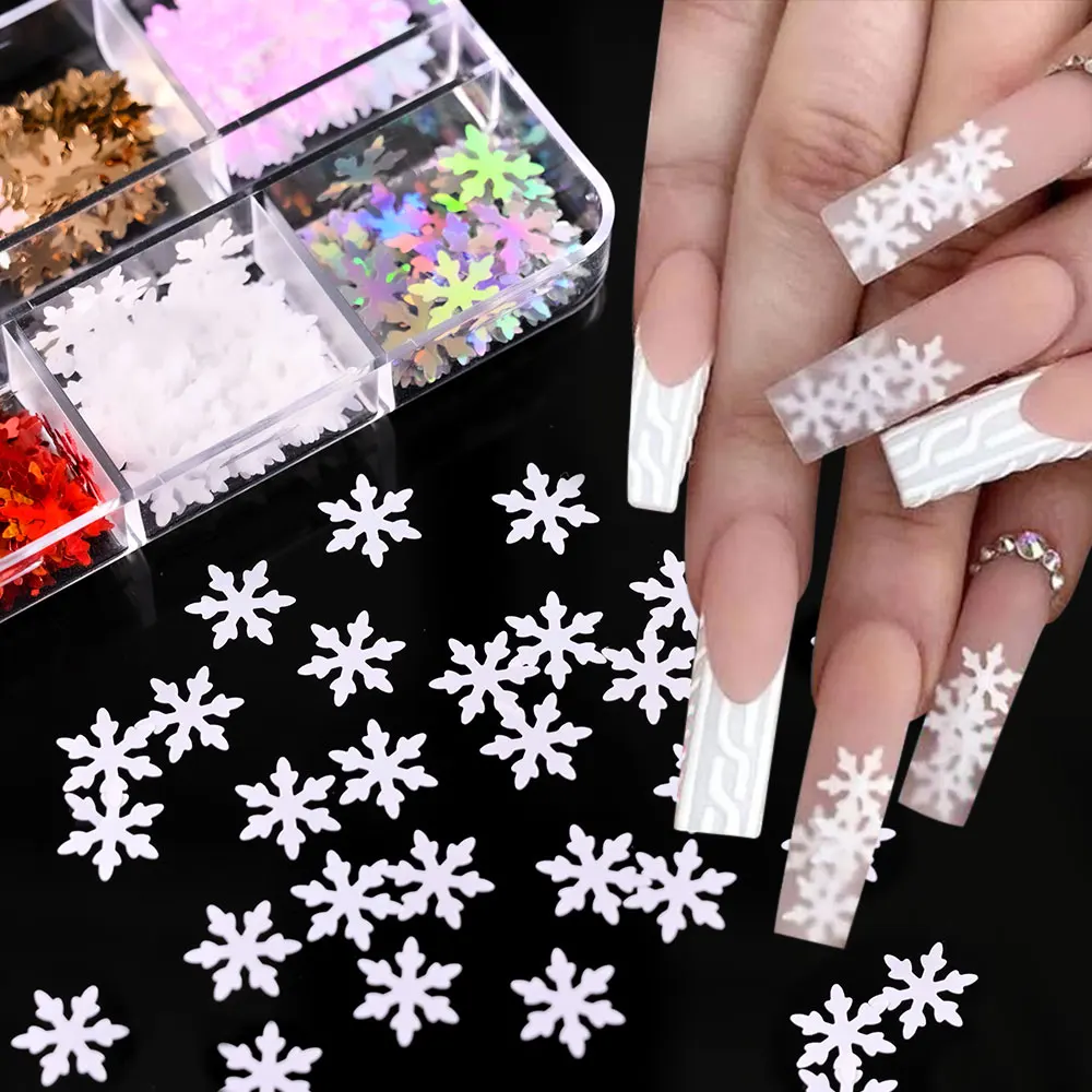 Natal Snowflake Nail Sequins, Glitter Slices, Glitter Floco, Branco, Rosa, Vermelho, Verde, Laser, Estrela, Hexágono, Untra-Thin, 6 Grade