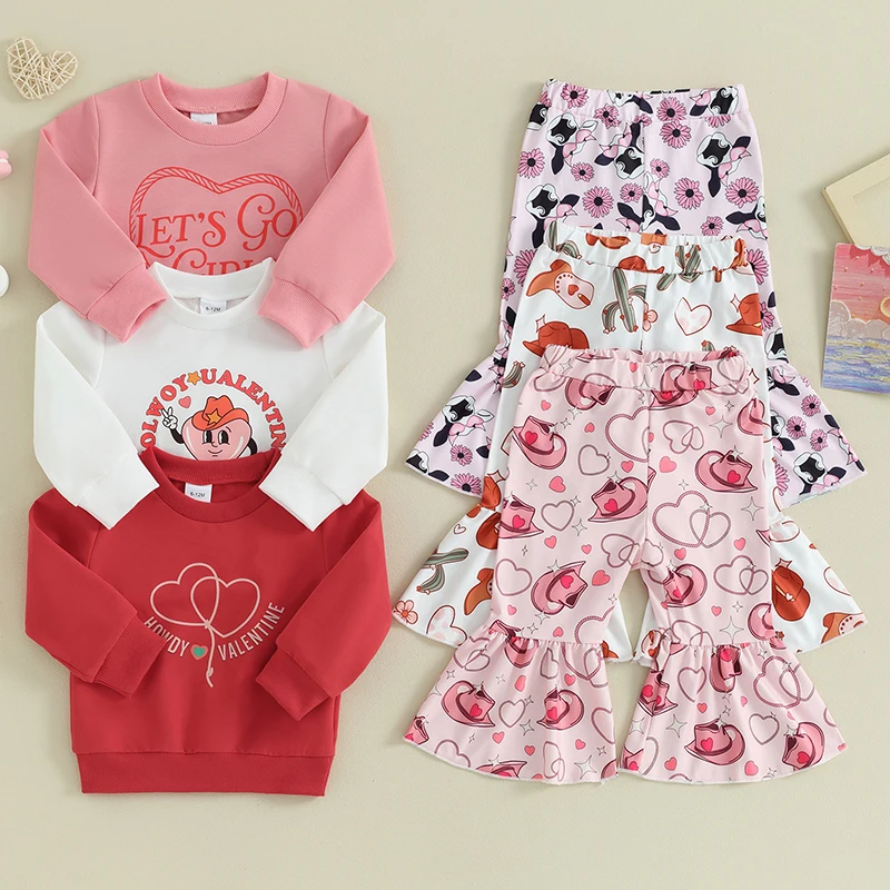 

2023-12-05 Lioraitiin Toddler Baby Girl Valentine's Day Outfit Long Sleeve Heart Print Sweatshirt +Elastic Waist Flare Pants Set