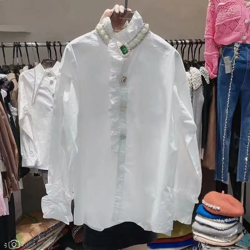 Ruffles Collar Diamond Button Up Shirts Womens 2022 Spring New In Long Petal Sleeve Blouse Chic Tops White Black Shirt Cotton