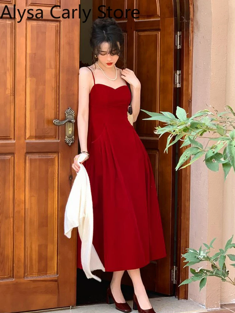 2025 Summer French Vintage Strap Dress Women Red Elegent Korean Party Midi Dress Female Sexy Backless Evening Beach Fairy Dress