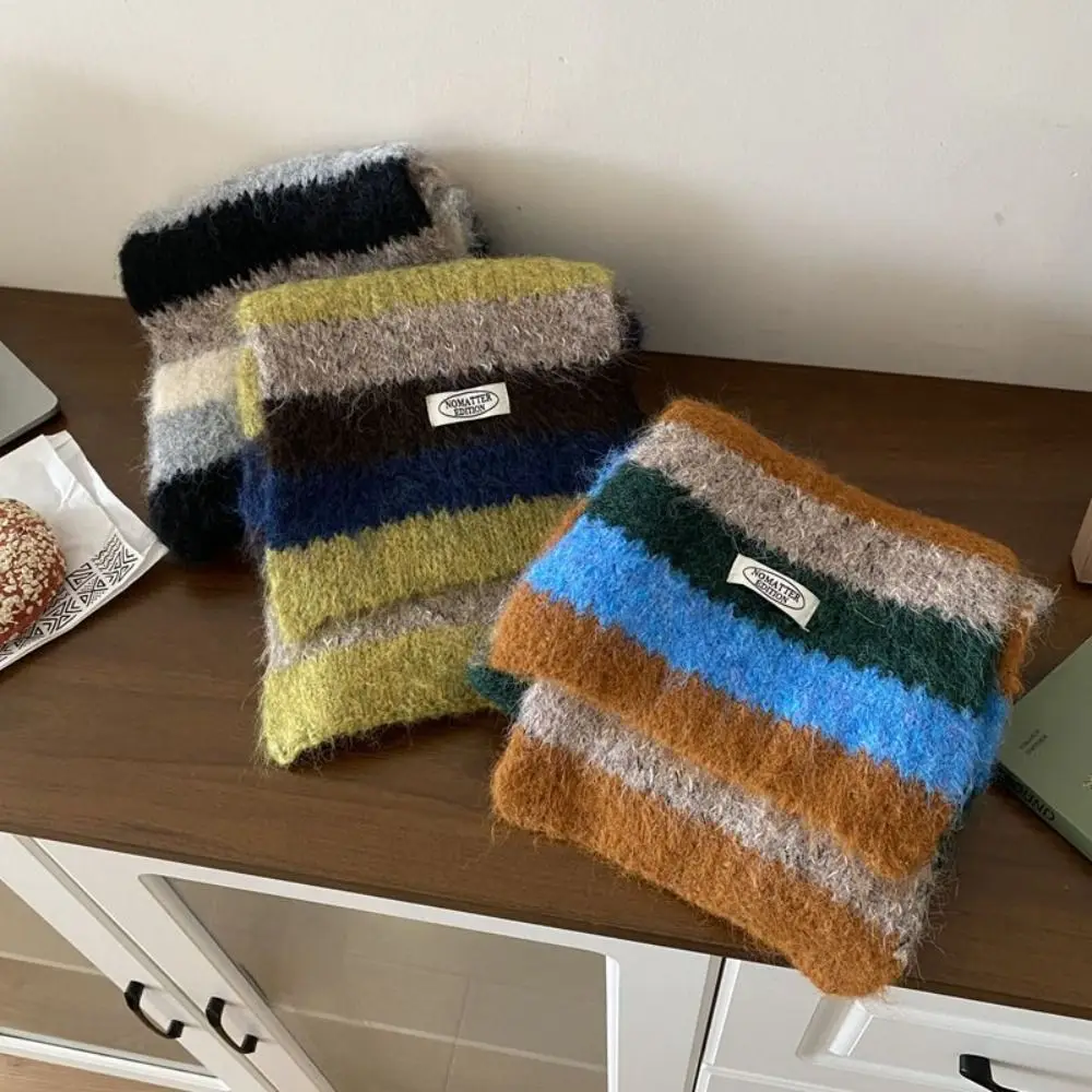 

Simple Preppy Style Plaid Wool Scarf Long Plush Stripe Scarf Thicken Korean Style Knitted Shawl Girl