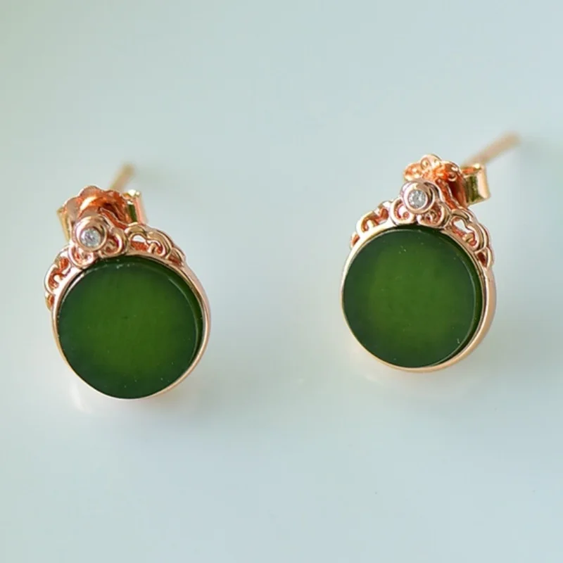 SGARIT Natural Hetian Green Jade S925 Silver Round Stud Earrings 9*11mm Rich Deep Green Elegant Simple Fine Texture Jadeite