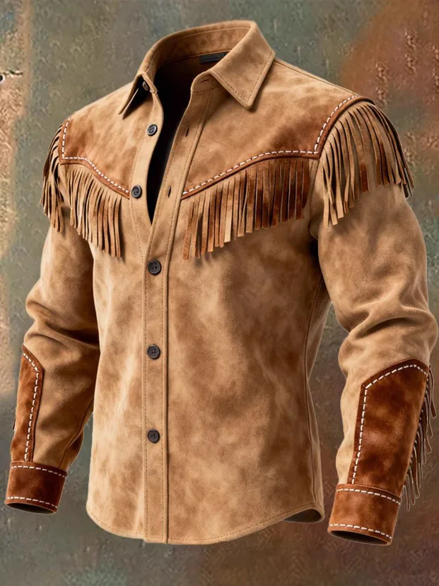 

Autumn Women's Clothing Fringe Suede Look Jacket Loose Fit Long Sleeve Notched Collar Solid Color Vintage Style Outerwear