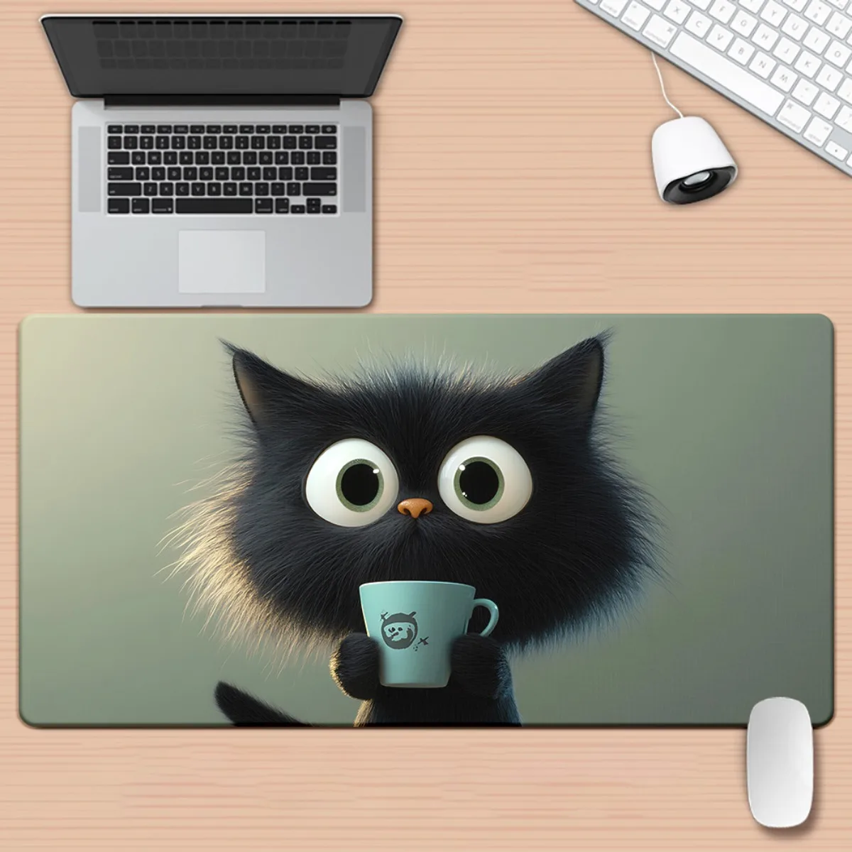 VIKAMA Green Table Mat Cartoon Black Cat Mouse Pad Mat Anti-Slip Mat Desktop Carpet Game Handle Desktop Gadget Mouse Pad