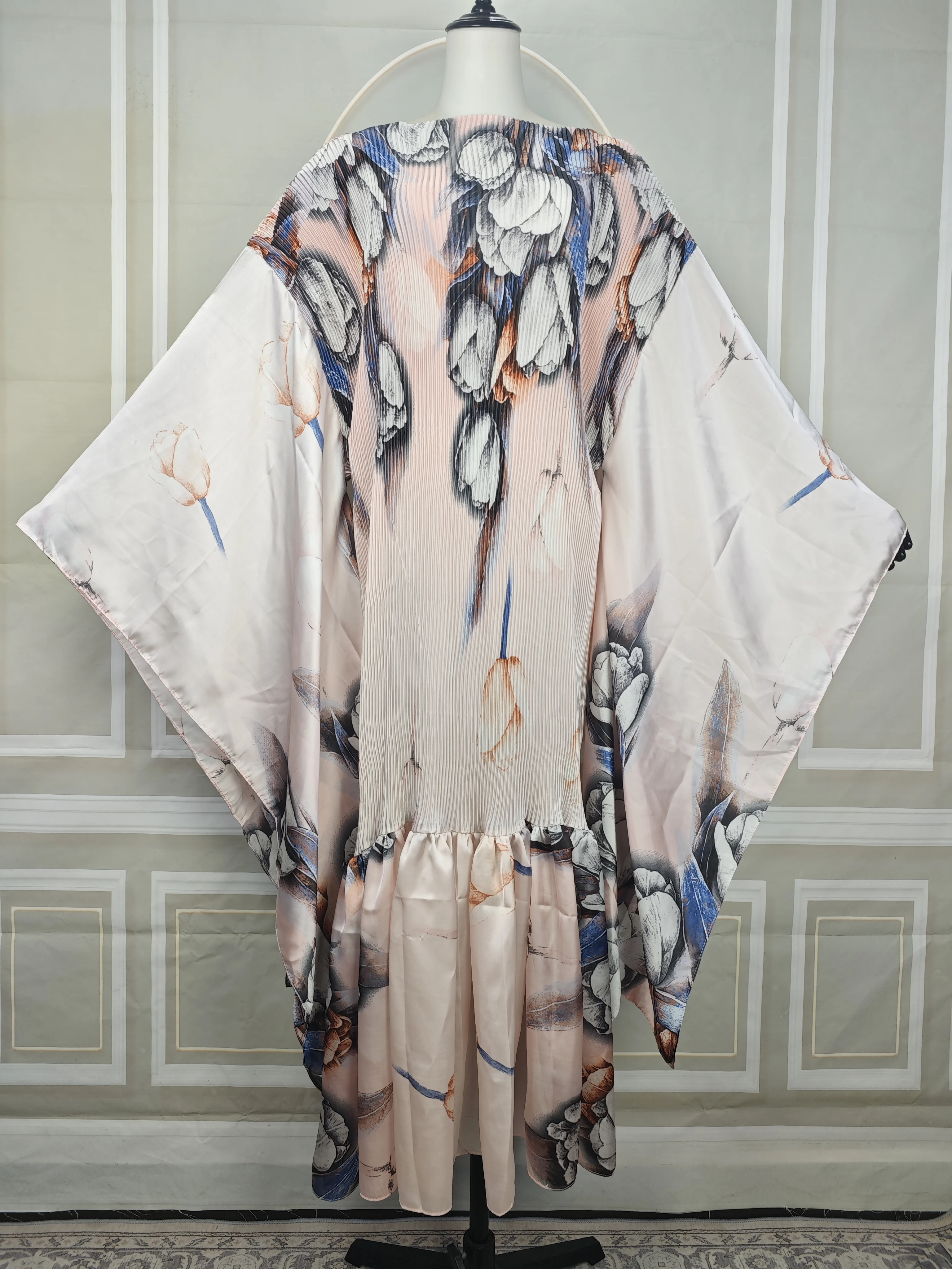 

Kuwait Loose Print Long Dresses Women O-neck Full Sleeve Pleated Holiday Dress African Female 2025 Summer Lady Fashion Robes