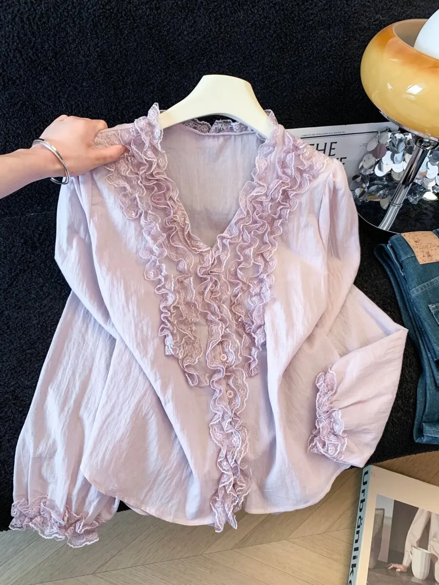 Camisa Feminina de Manga Longa com Caimento Solto, Decote em V, Renda e Proteção Solar, Moda Verão, Roupa de Proteção Solar, ...