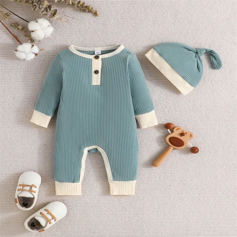 

Baby Boys Spring Outfits Long Sleeve Crewneck Ribbed Splice Romper Jumpsuit Hat Set Newborn Infant Suit