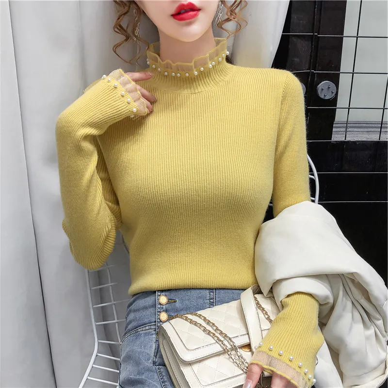 Maglione da donna con collo alto e fondo lavorato a maglia, top con volant, perle, dolce ed elegante, autunno inverno, maglione, pullover da ufficio