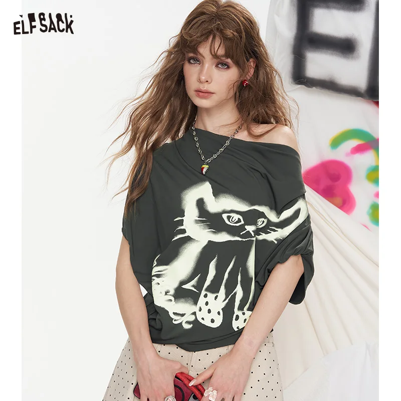 

ELFSACK 2025 Summer New Arrivals Off Shoulder Printed Short Sleeve Chic T-Shirt For Women