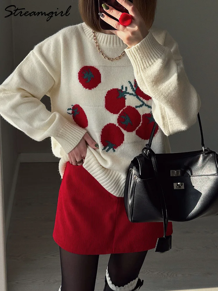 

Streamgirl Gray O Neck Print Sweaters Women Winter Sweat Pullover Knitwear Navy Blue Jumpers For Women Warm Sweaters With Fruit