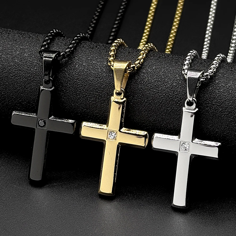 Minimalist Cross Pendant Rhinestone Pendant Necklace for Men Women Stainless Steel Christian Hip Hop Chain Faith Jewelry Gift