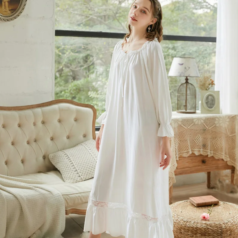 Tranquil Moments | Solid Color Sweet Loose Plus Size Long Sleeve Nightgown for Women, Autumn Spring Maxi Home Dress Loungewear.