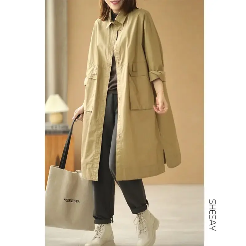 

2024 Spring and Autumn Women's Mid-length Trench Coat Single Breasting Turn-down Collar Solid Color Casual Vintage Outwear M517