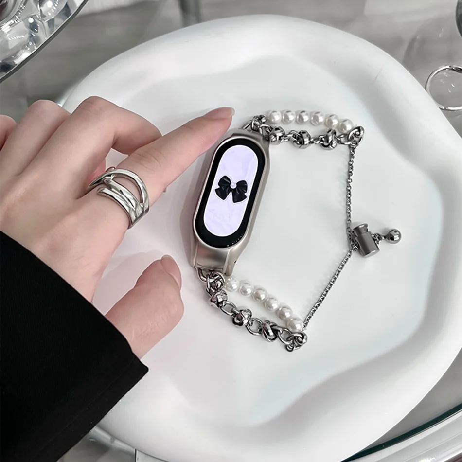 สายนาฬิกาสำหรับ Xiaomi Mi band 8 7 6 5สายนาฬิกาแฟชั่นสร้อยข้อมือโซ่โลหะมุกเปลี่ยนสำหรับ miband 5 6 4 3สายรัดข้อมือ Correa