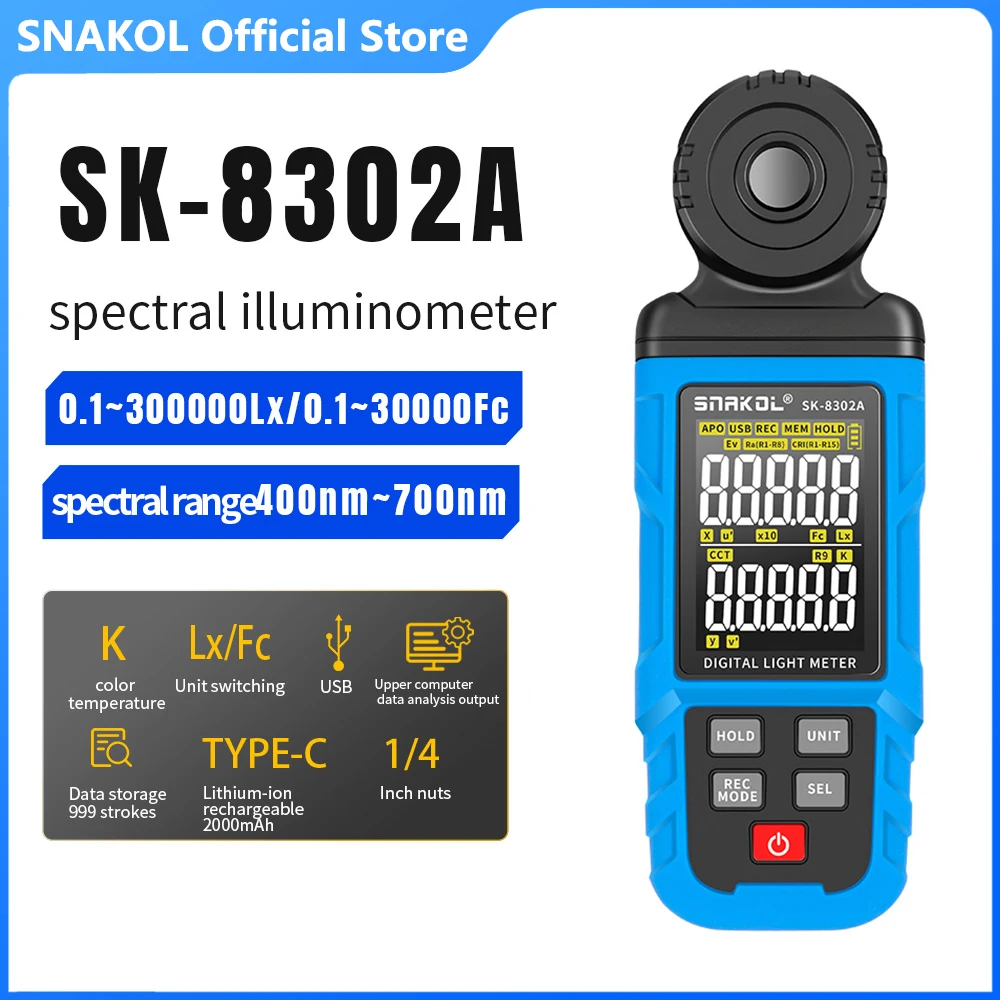 SK-8301A/8302A Spectral Illuminance Meter 0~300,000lux Photometer High-precision Luxmeter Digital Light Meter CCT Lux/FC Measure
