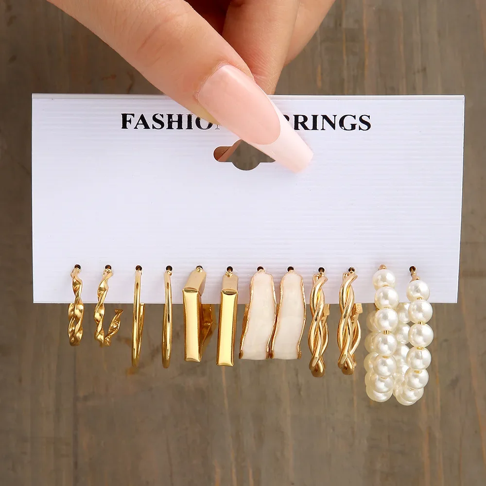 12 Pcs Boho Big Circle Hoop Earring Set for Women Gold Color Bohemia Vintage Pearl Square Earring Heart Zircon Ear Studs Jewelry