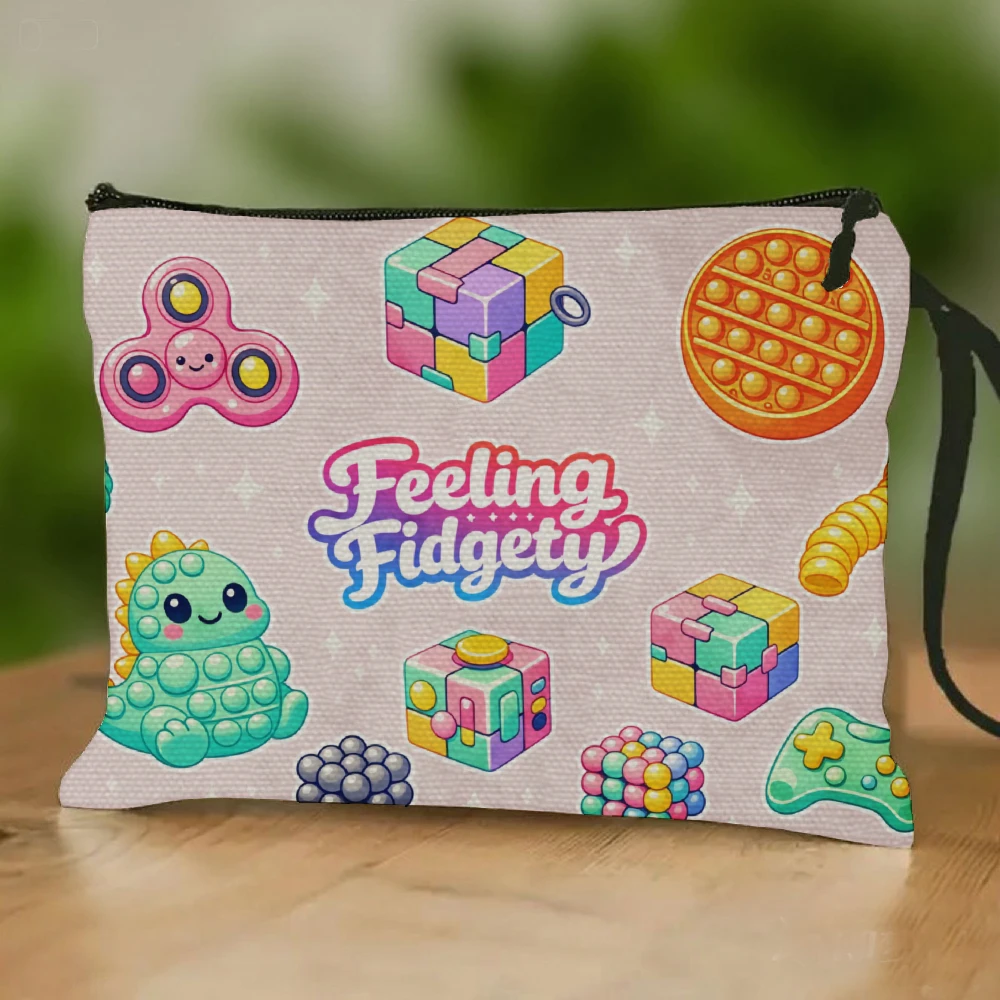 

Relax Toy Portable Makeup Bag Fashionable let Toiletry Pouch in Pink with Multicolor Fidget Toys and "Feeling Anxious" Tex