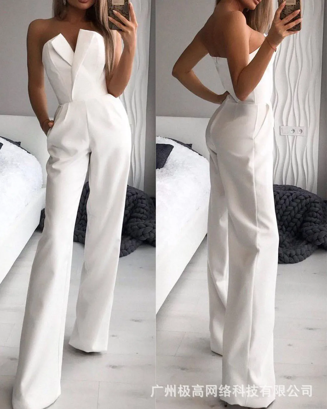 Jumpsuit wanita musim panas elegan, Jumpsuit tabung lurus desain saku pinggang tinggi Slim Fit tanpa tali Solid mode musim panas komuter elegan