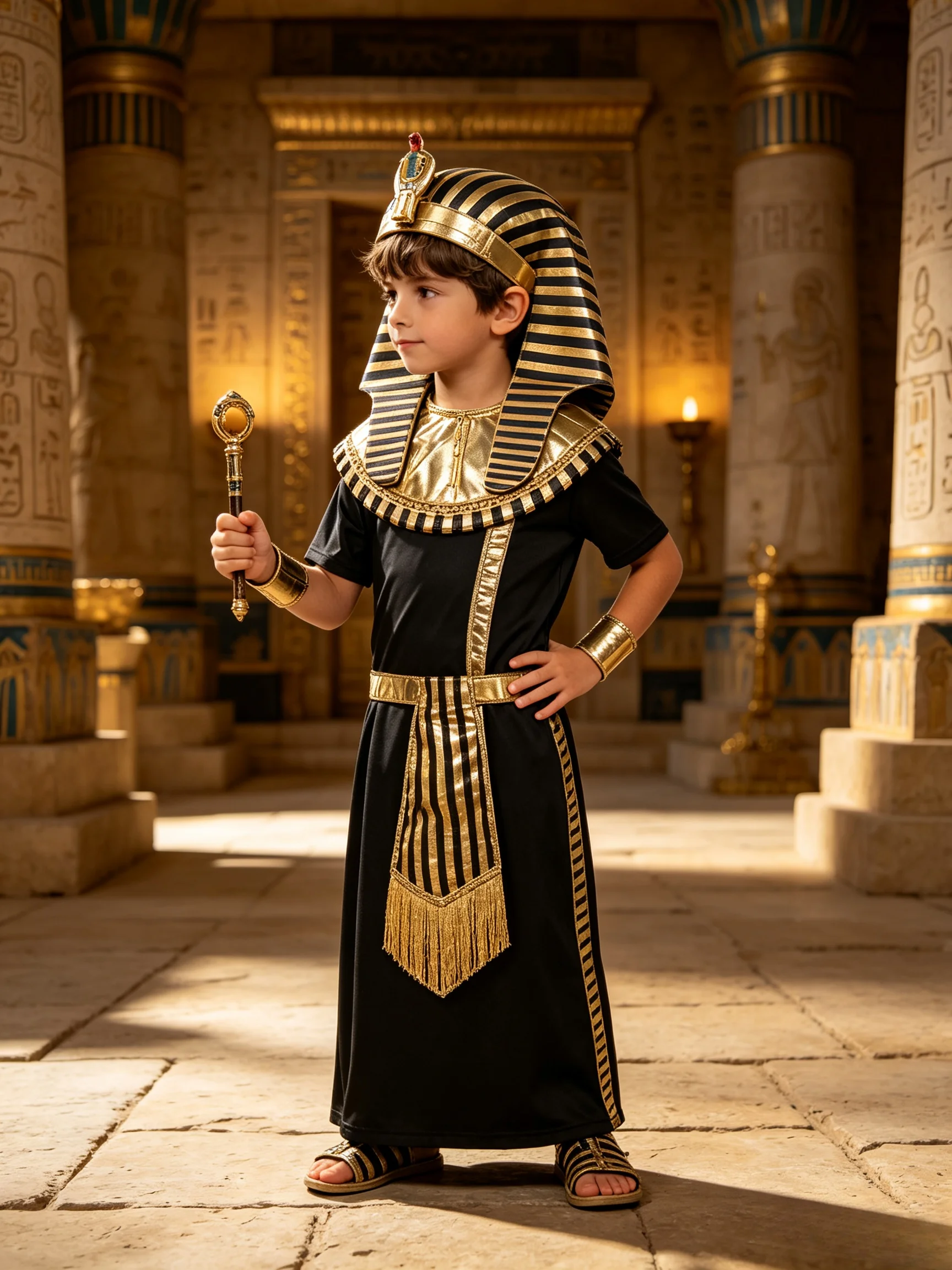 Kids Egyptian Pharaoh Costume 5-Piece Set Headdress Collar Belt Shoulder Strap Black Gold Tunic Halloween Cosplay Outfit