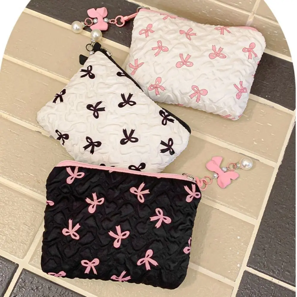 Makeup Organizer Bow Pendant Bow Cosmetic Bag Zipper Lager Capacity Balletcore Makeup Bag Korean Style Coin Purse Travel