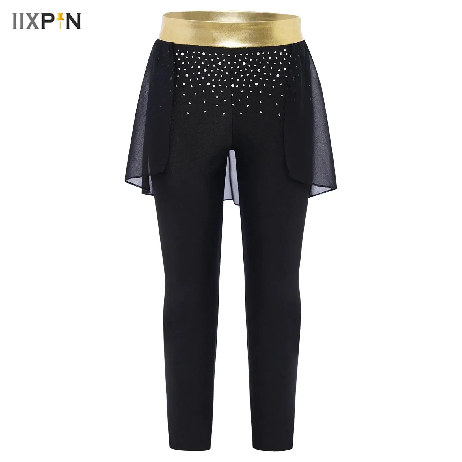 

Kids Girls Jazz Ballet Dance Pants Metallic Elastic Waistband Slim Pants with Chiffon Panel Skirt Gymnastics Performance Costume