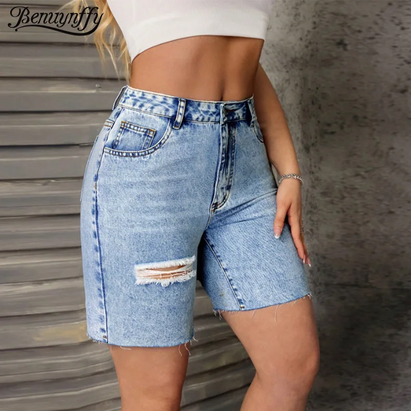 

Benuynffy Streetwear Mid Waisted Ripped Jean Shorts Women's Summer Fashion Vintage Washed Casual Raw Hem Straight Denim Shorts