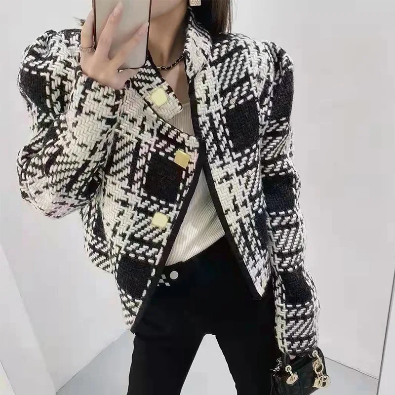 

Vintage Stand Collar Contrast Color Plaid Short Woven Tweed Jacket Women's 2022 Spring Small Fragrance Wind All-Match Coat f69