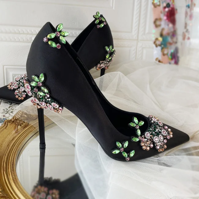 

Women's Pointed Toe Satin High Heels Colored Diamond Embellished Flowers Diamond Stiletto Pumps Banquet Shoes Footwear Size 42