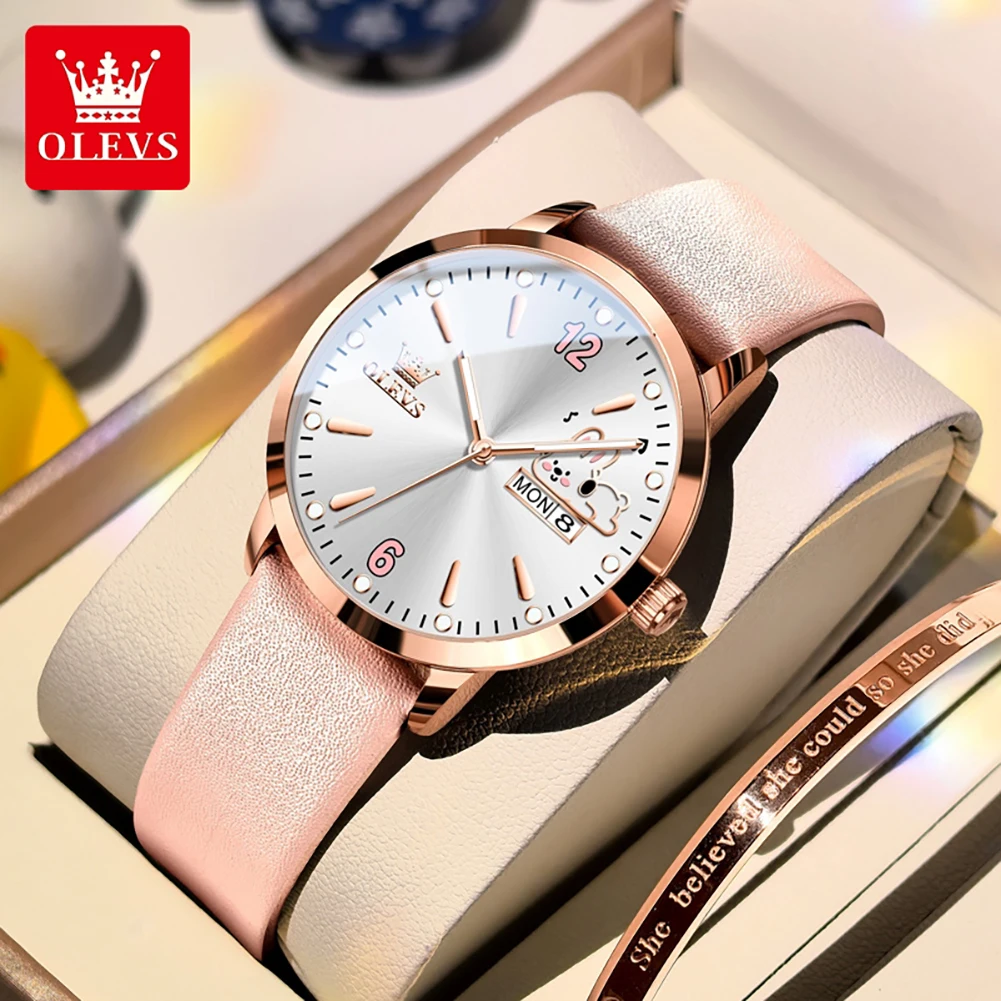 OLEVS New Quartz Watches for Woman Original Leather Strap Luminous Waterproof Date Week Wristwatch Fashion Girls Students Watch