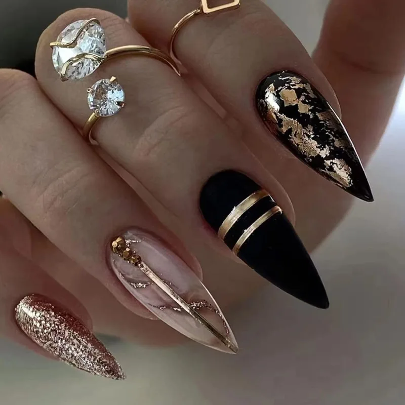 24 Pcs Black Almond Press on  Medium Length Gold Foil Fake Nails with Glitter Line Designs Glossy Coffin Fake Nails  for Women