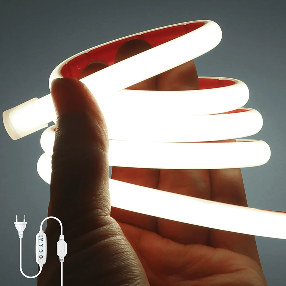 220V LED Neon Strip Light Bar EU UK AU Dimmer Power Plug Kit Flexible Tube 288LED/m Warm Natural White Lamp for Indoor Lighting
