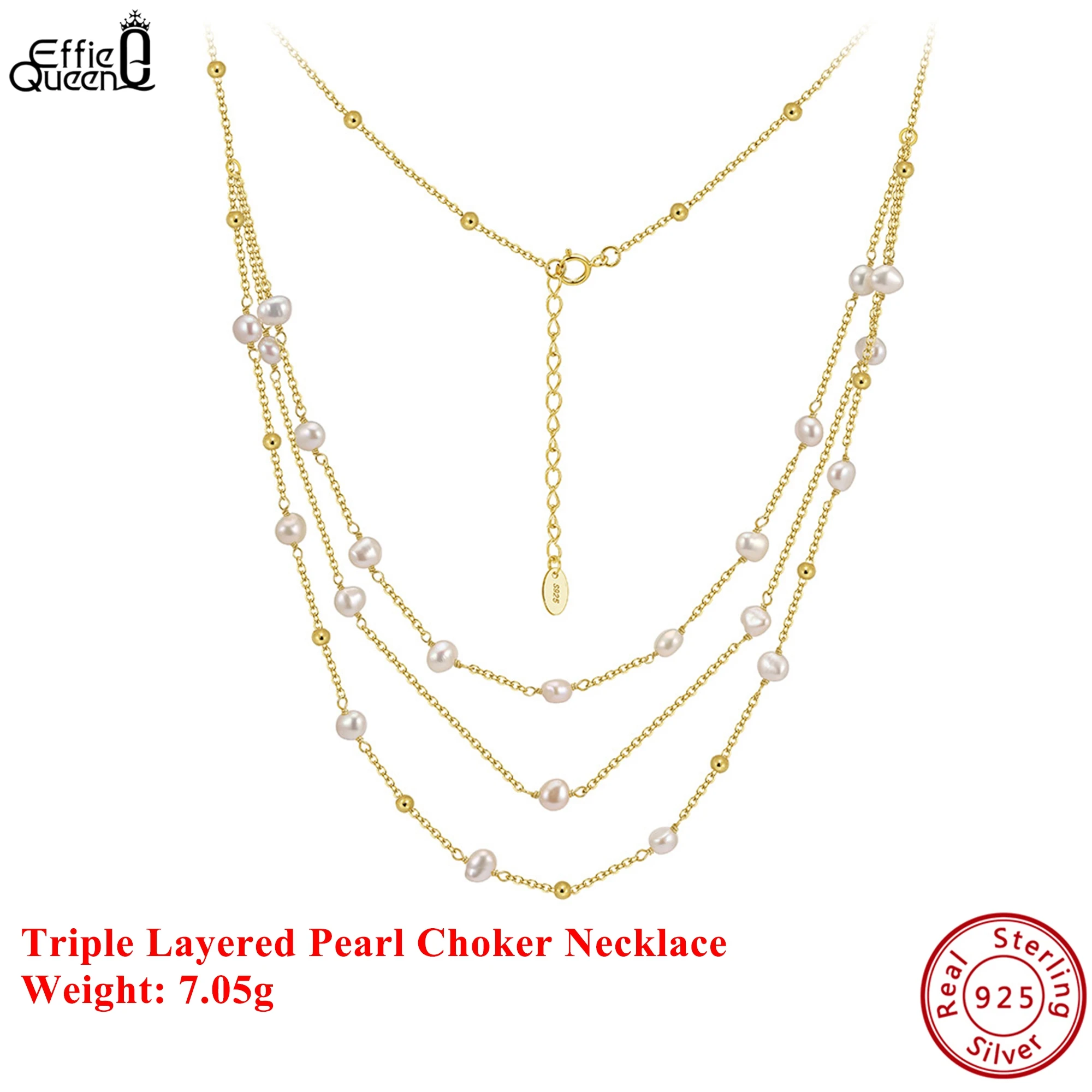 

EFFIE QUEEN, однотонное колье из стерлингового серебра 925 пробы, золото 14 карат, трехслойное жемчужное колье, ожерелье, роскошные ювелирные изделия для женщин, свадебная вечеринка GPN89
