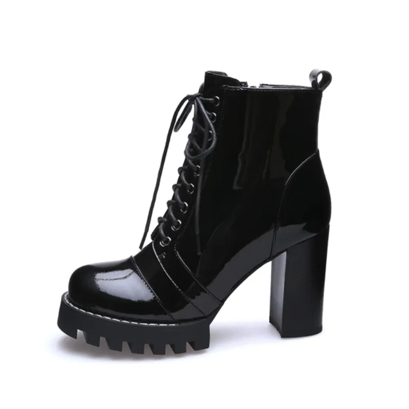 New Autumn Women Shoes Comfort Platform Chunky Heel Patent Leather Ankle Boots Female Fashion Ankle Round Toe Lace up Booties