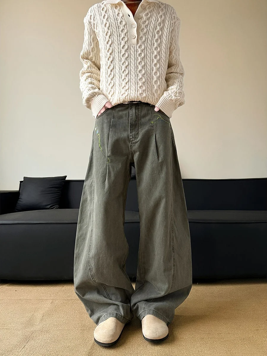 

Men's Embroidered Denim Jeans Straight Leg Knife Vintage Workwear Wide Leg Pants Autumn Winter Faion Trendy Brand