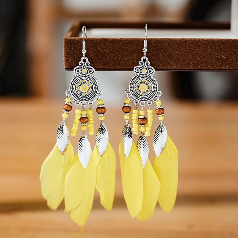 Bohemian Ethnic Feather Drop Earrings For Women Elegant Wood Beads Leaf Long Tassels Dangle Earring Girls Fashion Party Jewelry