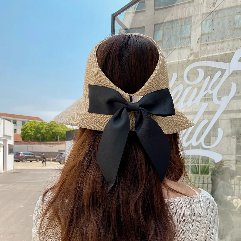 Women Summer Big Wide Brim Straw Hat Female UV Protect Ponytail Beach Sun Hats Hollow Top Foldable Ribbon Bows Ladies Panama Cap