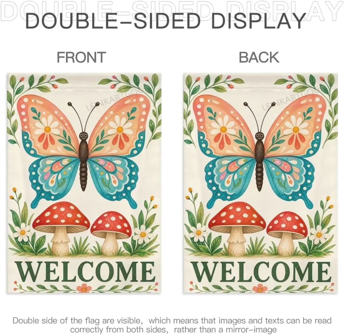 Butterfly Garden Flag Peach Teal Wings with Red Mushrooms and Leaf Sprigs Welcome 28x40 Inch Double Sided Polyester Yard Fla kkz